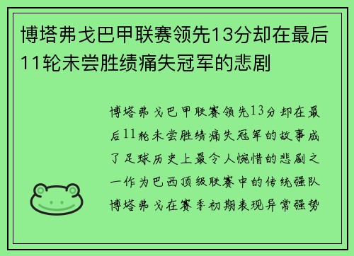 博塔弗戈巴甲联赛领先13分却在最后11轮未尝胜绩痛失冠军的悲剧