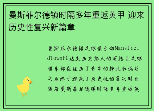 曼斯菲尔德镇时隔多年重返英甲 迎来历史性复兴新篇章 曼斯菲尔德镇时隔多年重返英甲 迎来历史性复兴新篇章