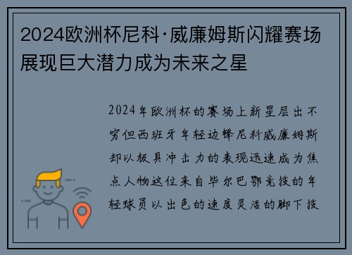 2024欧洲杯尼科·威廉姆斯闪耀赛场展现巨大潜力成为未来之星