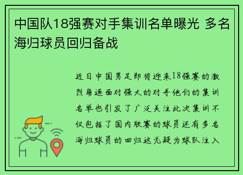 中国队18强赛对手集训名单曝光 多名海归球员回归备战 中国队18强赛对手集训名单曝光 多名海归球员回归备战